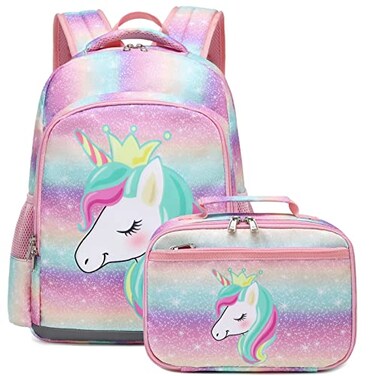 Octsky Unicorn Backpack for Girls Kids Preschool Backpacks Cute Lightweight With Chest Strap and Lunchbox Rainbow