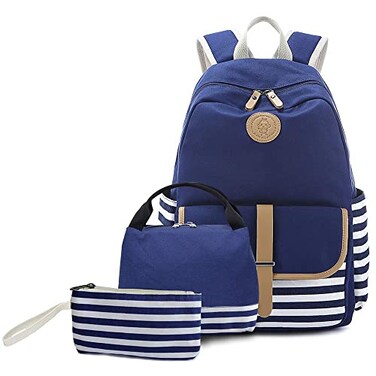 Joyfulife School Backpack for Girls Lightweight Canvas Stripe Backpack with Lunch Box Pencil Bag
