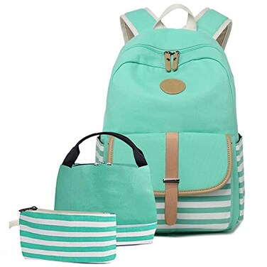 Joyfulife School Backpack for Girls Lightweight Canvas Stripe Backpack with Lunch Box Pencil Bag