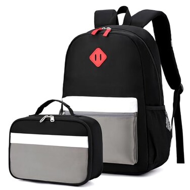 BEFUNIRISE Backpack Set for Girls Boy Kids Backpack with Lunch Box for Elementary Primary Kindergarten School Bag Black Grey Set Large