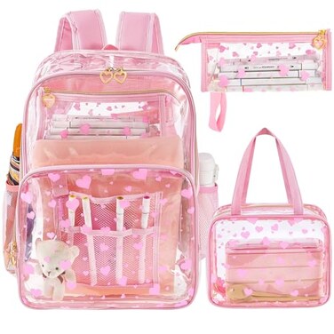 Eccliy 3 Pcs Clear Backpack Set for Girls Heavy Duty 17 Inch Transparent School Backpack with Lunch Bag and Pencil CasePinkHeart