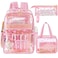 Eccliy 3 Pcs Clear Backpack Set for Girls Heavy Duty 17 Inch Transparent School Backpack with Lunch Bag and Pencil CasePinkHeart