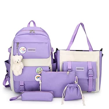AONUOWE 5pcs Aesthetic Backpack Set for School Teens Girls Daypack Cute Trendy Large Capacity Preppy Shoulder Bag Purple