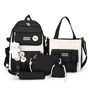 AONUOWE 5pcs Aesthetic Backpack Set for School Teens Girls Daypack Cute Trendy Large Capacity Preppy Shoulder Bag Black
