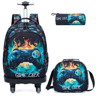 Egchescebo Kids Rolling Backpack for Boys Gamepad Suitcases Trolley Roller Luggage Backpacks with 360 Rotating Wheels 15 Laptop Lunch Box Pencil Case for Elementary 18 Travel School Bag Blue
