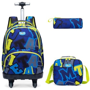 Egchescebo Kids Rolling Backpack for Boys Alphabet Suitcases Trolley Roller Luggage Backpacks with 360 Rotating Wheels 15 Laptop Lunch Box Pencil Case Elementary 18 Travel School Bag Blue