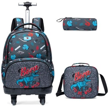 Egchescebo Kids Rolling Backpack for Boys Fossil Dinosaurs Suitcases Trolley Roller Luggage Backpacks with 360 Rotating Wheels 15 Laptop Lunch Box Pencil Case Elementary 18 Travel School Bag Blue