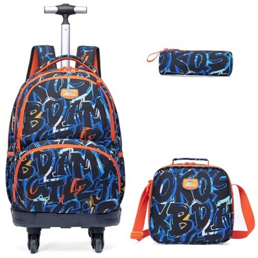 Egchescebo Kids Rolling Backpack for Boys Alphabet Suitcases Trolley Roller Luggage Backpacks with 360 Rotating Wheels 15 Laptop Lunch Box Pencil Case for Elementary 18 Travel School Bag Blue