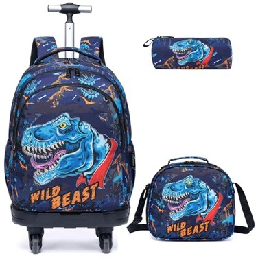 Egchescebo Kids Rolling Backpack for Boys Dinosaur Suitcases Trolley Roller Luggage Backpacks with 360 Rotating Wheels 15 Laptop Lunch Box Pencil Case for Elementary 18 Travel School Bag Blue
