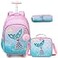 Egchescebo Kids Rolling Backpack for Girls Mermaid Suitcases Trolley Roller Luggage Backpacks on Wheels with Lunch Box Pencil Case for Elementary Multiple Compartment Pockets School Bag Powder Blue