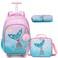 Egchescebo Kids Rolling Backpack for Girls Mermaid Suitcases Trolley Roller Luggage Backpacks on Wheels with Lunch Box Pencil Case for Elementary Multiple Compartment Pockets School Bag Powder Blue