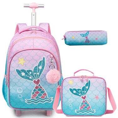 Egchescebo Kids Rolling Backpack for Girls Mermaid Suitcases Trolley Roller Luggage Backpacks on Wheels with Lunch Box Pencil Case for Elementary Multiple Compartment Pockets School Bag Powder Blue
