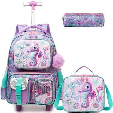 Egchescebo Kids Rolling Backpack for Girls Seahorse Suitcases Trolley Roller Luggage Backpacks on Wheels with Lunch Box Pencil Case for Elementary Multiple Function Pockets Travel school Bag Purple