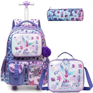 Egchescebo Kids Rolling Backpack for Girls Mermaid Suitcases Trolley Roller Luggage Backpacks on Wheels with Lunch Box Pencil Case for Elementary Multiple Function Pockets Travel school Bag Purple