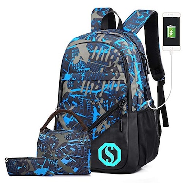Pawsky School Backpack for Boys 14 Inch Laptop Backpack with USB Charging Port Antitheft Lock Lunch Bag Pencil Case Lightweight Water Resistant Bookbag Daypack