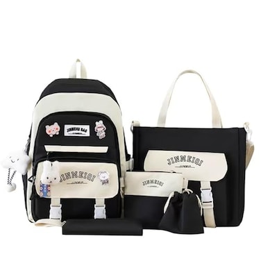 Feigujin 5Pcs Kawaii Cute Backpacks Combo Set with Bear Pendant Pins Patchwork Japanese Aesthetic Anime Bunny Daypack Bag Kit Black