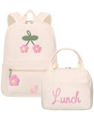 Dansydaisy Corduroy School Backpack Set Preppy Book Backpack and Lunch Bag with Crochet Flower for Girl Back to School GiftBeige