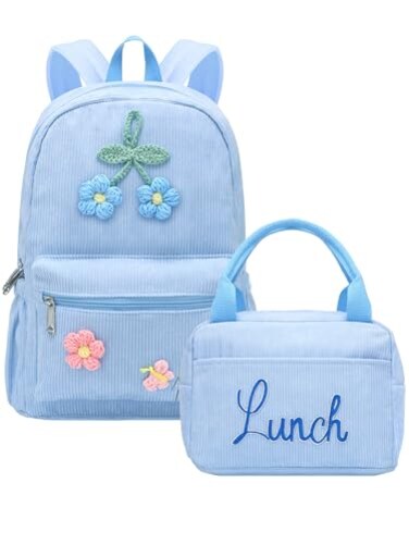 Dansydaisy Corduroy School Backpack Set Preppy Book Backpack and Lunch Bag with Crochet Flower for Girl Back to School GiftBlue