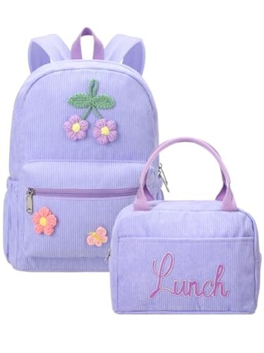 Dansydaisy Corduroy School Backpack Set Preppy Book Backpack and Lunch Bag with Crochet Flower for Girl Back to School GiftPurple