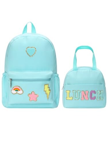 Bulyoou Preppy School Backpack Set for Girls Backpack and Lunch Bag with Chenille Patches Preppy Bookbag Lunch Bag for Back to School GiftLight Blue