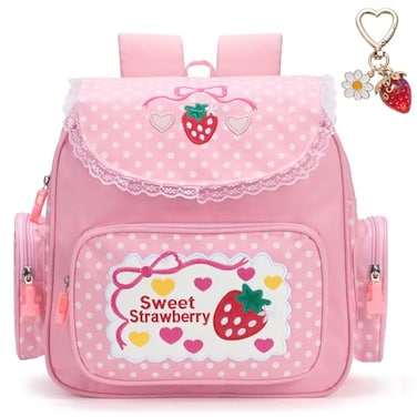 LJCTULY Cutecore Strawberry Backpack Pink Backpack for Girls Kawaii Lace JK Polka Dot Embroidery Bag for Teens