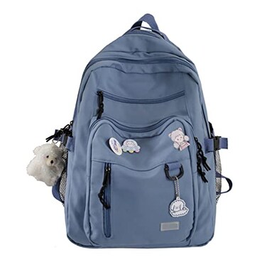 GAXOS Cute Aesthetic Backpack for School Middle Student Travel Blue Backpack Teens Girls Bear Pin Book Bags