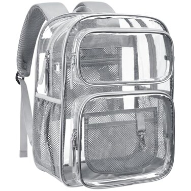 PACKISM Clear Backpack for School 17 inch Large Heavy Duty Bookbag Reinforced See Through PVC Transparent Backpack for Students Men Women Battleship Grey Age 12
