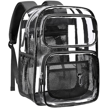 PACKISM Clear Backpack for School 17 inch Large Heavy Duty Bookbag Reinforced See Through PVC Transparent Backpack for Students Men Women Active Black Age 12