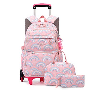 Mfikaryi 3PCS Girls Rolling Backpack Elementary Student Schoolbag Travel Trolley Bag Wheeled Bookbag with Lunch Box