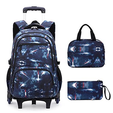 Mildame Galaxy Print Rolling Backpack for School Boys Girls with Lunch Bag Teens Bookbag with Wheels Kids Trolley Bag Set Six Wheels