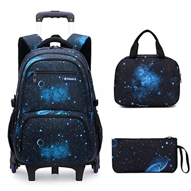 Mildame Galaxy Print Rolling Backpack for School Boys Girls with Lunch Bag Teens Bookbag with Wheels Kids Trolley Bag Set Six Wheels