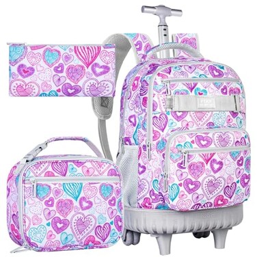 FTJCF 3pcs Rolling Backpack for Girls 19 Inche Adult Bag with Roller Wheels Wheeled Bookbag Set for Women PinkGrey