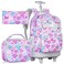 FTJCF 3pcs Rolling Backpack for Girls 19 Inche Adult Bag with Roller Wheels Wheeled Bookbag Set for Women PinkGrey