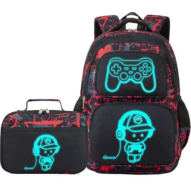 AUIVTY Boys Backpack with Lunch Box Glow in Dark Gamer Bookbag Kids Ages 412 Kindergarten Elementary Middle School Gaming Backpack Luminous Game Boy Black Red