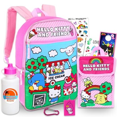 Sanrio Backpack with Lunchbox Set Bundle of 16 Hello Kitty and Friends School Bag Lunch Bag Bottle Stickers Tuxedo Sam My Melody Cinnamoroll