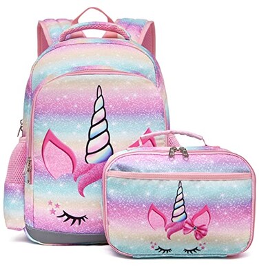 JIANYA Kids Backpack for School Girls Unicorn Backpack with Lunch Box Preschool Kindergarten Bookbag with Chest Strap
