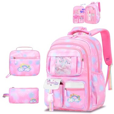 Schxuw 3Pcs Backpacks for Girls Cute Rainbow School Backpack with Lunch Bag Pen Bag Set MultiPockets Kids Backpack for Elementary Preschool ToddlerPink