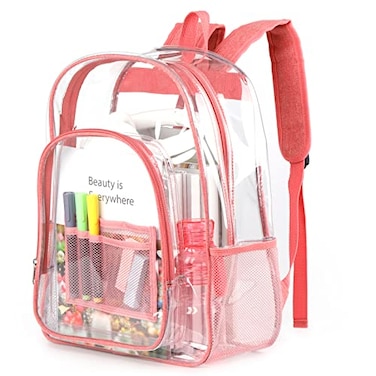 Keepcross Clear Backpack Heavy Duty 16x12x6 Large Transparent Backpack for School College Work See Through Bookbag with Padded Straps for Girls Women Pink