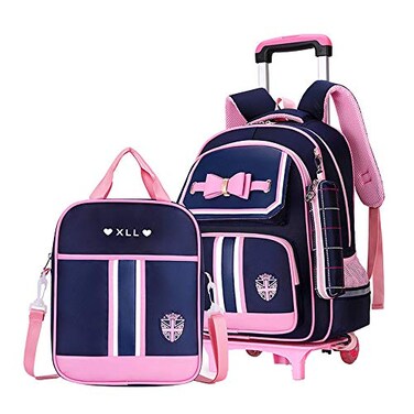 MITOWERMI Rolling Backpack for Girls Cute Trolley Bags Primary School Bookbags with Wheels Kids CarryOn Wheeled Backpack with Lunch Bag
