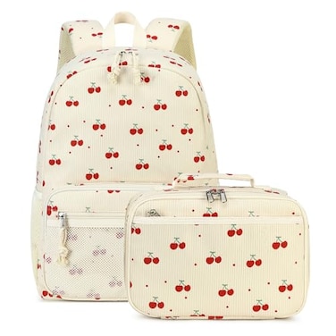 JIANYA Kids Backpack for Girls Lightweight Kids Bookbag with Lunch Box Elementary School Bag Set Cherry Beige