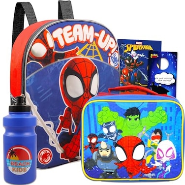 Fast Forward Spidey and His Amazing Friends Backpack and Lunch Bag Set Bundle of 11 Mini Backpack Lunch Box Bottle Tattoos More Spiderman School Supplies