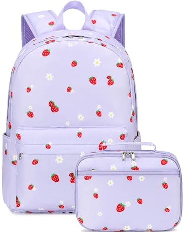 LEDAOU Kids School Backpack with Lunch Box for Girls Kindergarten Elementary BookBag School Bag Preschool Toddler BackpackPurple Strawberry