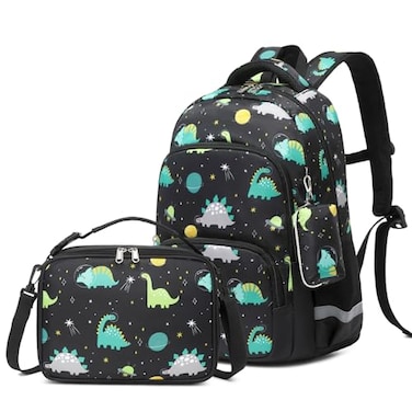 MIRLEWAIY School Backpack For Boys Kids Bookbag Elementary Bag Set with Insulated Lunch Bag and Coin Pouch Black Dinosaur