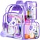 KLFVB 3PCS Girls Clear Backpack for Kids See Through School Bag Stadium Approved Transparent Bookbag for Elementary Preschool Purple Cat