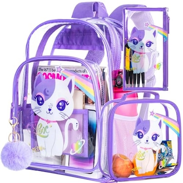 KLFVB 3PCS Girls Clear Backpack for Kids See Through School Bag Stadium Approved Transparent Bookbag for Elementary Preschool Purple Cat