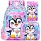 ZLYERT 3Pcs Backpack for Girls 16 Penguin Kids Bookbag for Elementary Preschool Kindergarten School Backpacks with Lunch BoxPink