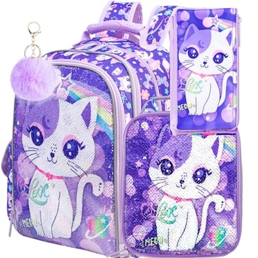 UFNDC 3PCS Cat Backpack for Girls 16Kids Sequin Bookbag with Lunch Box Water Resistant School Bag for Elementary Preschool Toddler
