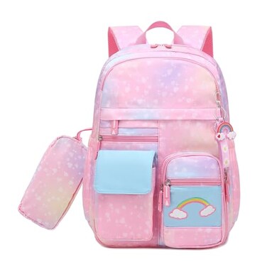 RLXGCZ School Backpack for Girls Rainbow Cute Kids Backpack for Back to School Laptop Travel Bag With pencil Case Pink set