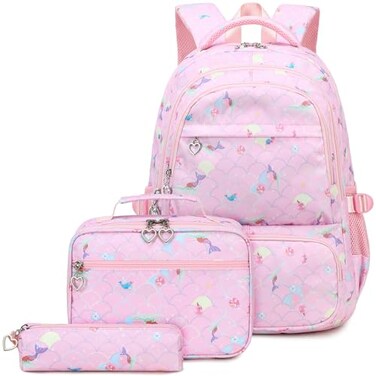 Joyfulife Kids School Backpack for Girls Mermaid Bookbag with Lunch Box Set for Teens Elementary Primary Middle Student Girls Backpack for School