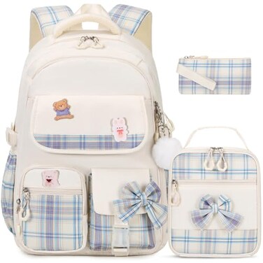 ACESAK Girls Backpack 3PCS Backpack for Girls Cute School Backpacks for Kindergarten Elementary Preschool Middle Kids School Bags with Lunch Box Pencil Case Set Beige